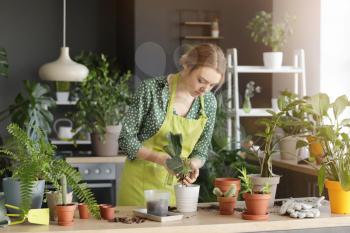 Young woman taking care of her plants at home�