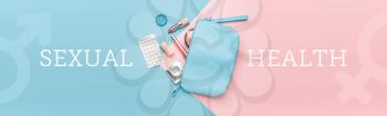 Female bag with contraceptive pills, condom and makeup cosmetics on color background. Concept of sexual health�