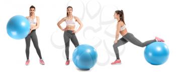 Collage with young sporty woman and fitball on white background�