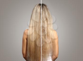 Woman before and after hair treatment on grey background, back view�