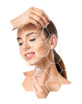 Woman applying serum onto her face against white background�