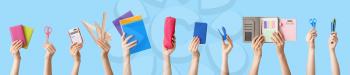 Many hands with school supplies on color background�