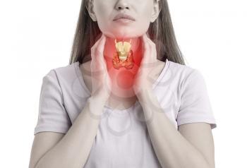 Woman with thyroid gland problem on white background �