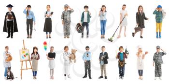 Collage with little children in uniforms of different professions on white background�