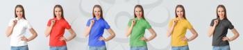 Set of beautiful young woman in colorful polo shirts on light background�