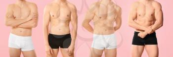 Collage of handsome man in stylish underwear on color background�