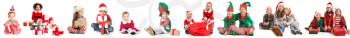 Happy little children with Christmas gifts on white background�