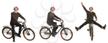 Collage with mature man riding bicycle against white background�
