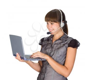 Royalty Free Photo of a Woman Wearing a Headset Holding a Laptop