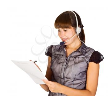 Royalty Free Photo of a Woman Wearing a Headset and Writing on Paper