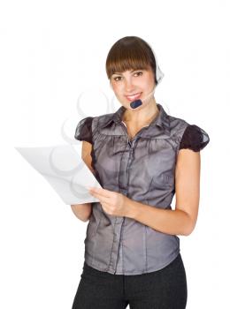 Royalty Free Photo of a Woman With a Headset Holding Paper