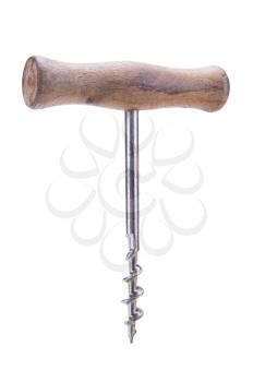 vintage corkscrew with wooden handle isolated on white background
