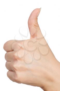 Female hand thumb up sign isolated on white background