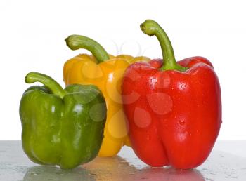 Three peppers isolated on white background.Focus on the red and green