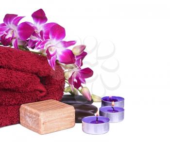 orchid flowers and spa item isolated on white