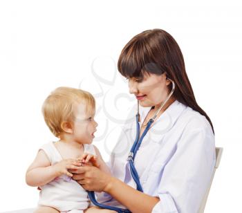 Pediatrician woman doctor with baby girl patient on white background