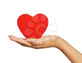 female hand with red heart isolated on white background