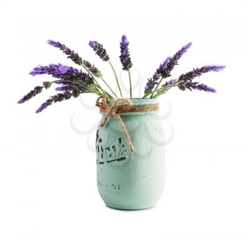bundle of lavender flowers in retro vase isolated on white background