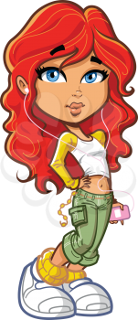 Royalty Free Clipart Image of a Redhead Listening to Music on an MP3 Player