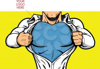 Royalty Free Clipart Image of a Comic Book Hero Opening His Shirt