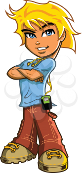 Royalty Free Clipart Image of a Boy With Headphones and an MP3 Player