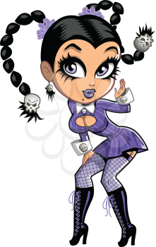 Royalty Free Clipart Image of a Goth Girl With Skulls on Her Pigtails