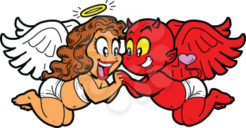 Royalty Free Clipart Image of a Girl Angel and Boy Devil