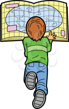 Royalty Free Clipart Image of a Boy Lying on the Floor Reading a Map