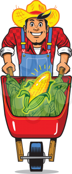 Royalty Free Clipart Image of a Man With a Wheelbarrow of Corn