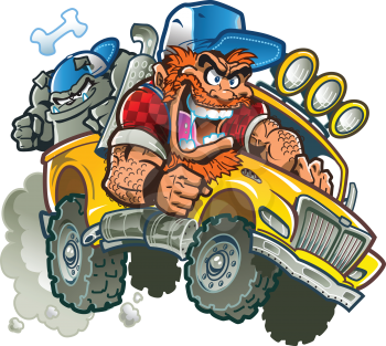 Royalty Free Clipart Image of a Crazy Redneck in a Pickup Truck