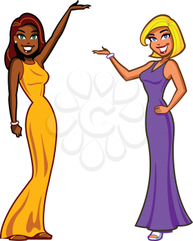 Royalty Free Clipart Image of Two Women in Elegant Dresses