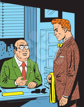 Royalty Free Clipart Image of Retro Businessmen in an Office