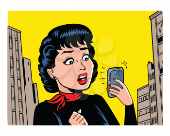 Royalty Free Clipart Image of a Retro Cartoon Woman With a Cellphone