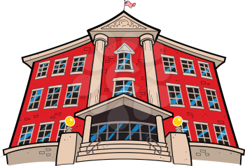 Royalty Free Clipart Image of a Big Building With an American Flag