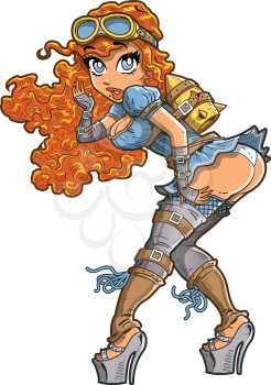 Royalty Free Clipart Image of a Surprised Steampunk Girl With a Rocket on Her Back