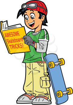 Royalty Free Clipart Image of a Skateboarder Reading a Book