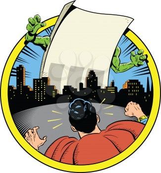 Royalty Free Clipart Image of a Superhero Ready to Fight a Paper Monster