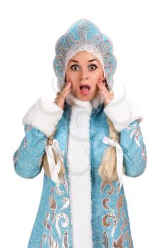 Royalty Free Photo of a Woman in a Snow Maiden Costume Looking Frightened