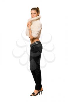 Royalty Free Photo of a Woman in a Fur and Jeans