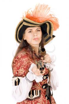 Royalty Free Photo of a Woman in a Pirate Costume Holding a Gun