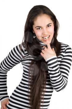 Royalty Free Photo of a Young Girl in a Striped Top With Her Finger in Her Mouth