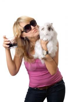 Royalty Free Photo of a Woman With a Drink and a Rabbit