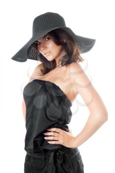 Royalty Free Photo of a Woman in a Hat and Strapless Dress