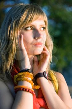 Royalty Free Photo of a Young Woman Wearing Several Bracelets