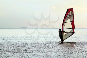 Man windsurfer on the water surface