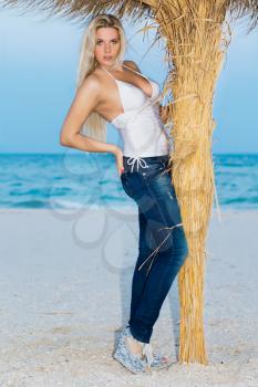 Beautiful young caucasian woman posing on the beach