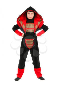 Little boy wearing red and black ninja costume. Isolated on white
