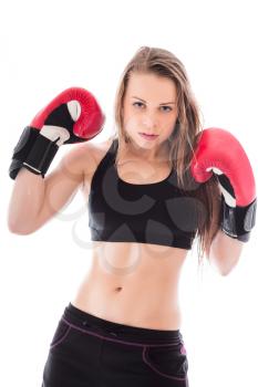 Portrait of young pretty woman wearing like a boxer. Isolated on white