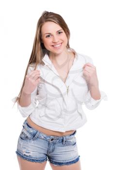 Portrait of smiling young woman posing in studio. Isolated on white