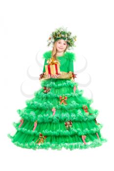 Little girl in green christmas dress posing with present. Isolated on white